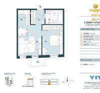 Floor plan of a 2-room apartment with a living room, kitchenette, bathroom, and balcony.