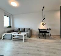 2-room apartment with a comfortable sofa, table, and floor with a wooden decor.