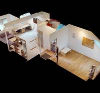 3D view of an office with a wooden decor floor and furnishings.