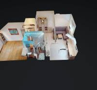 Digital 3D model of an office interior with wood-decor flooring and furniture.