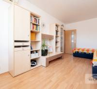 A room with a wooden decor floor contains furniture, shelves, a double bed, and a colorful blanket.