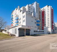 Apartment building on Saratovská Street in Bratislava with colorful balconies.