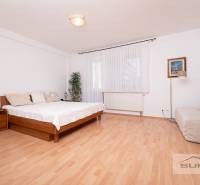 A bedroom with a bed, a couch, and a wooden floor decor in a three-room apartment.