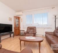 Living room in a 3-room apartment with leather furniture and wood-patterned flooring.