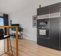 A kitchen in a studio apartment with black appliances and a wooden decor floor.