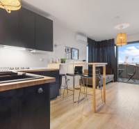 A kitchen with black cabinets, a bar counter, and a wood-patterned floor in a studio apartment.