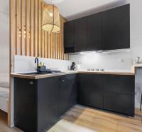 A kitchen in a studio apartment with black cabinets and a wood-patterned floor.