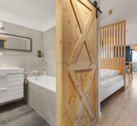 Interior of a 1-room apartment with a bathtub and a floor with a wood decor.