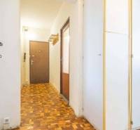 A hallway in a 2-room apartment with a wooden decor floor and a built-in wardrobe.