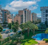 View from a 2-bedroom apartment in Alicante, with a pool and palm trees between the apartment buildings.