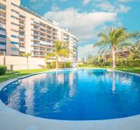 An apartment complex in Alicante with a pool and palm trees in front of a 2-bedroom apartment.