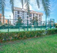 A complex of 2-bedroom apartments in Alicante with a paddle court, palm trees, and green lawn.