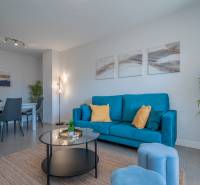 Living room in a two-room apartment with a blue sofa and a dining table.