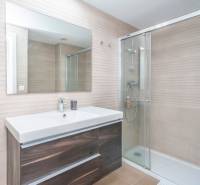 Bathroom in a 2-room apartment with a shower and a mirror above the sink.
