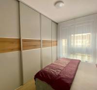 Bedroom in a 2-room apartment with a large wardrobe and a bed, wooden decor flooring.