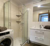 Bathroom in a 2-room apartment with a washing machine, shower corner, and floor with wood decor.