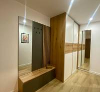 Interior of a 2-room apartment with a wooden decor floor, coat rack wall, and mirror.
