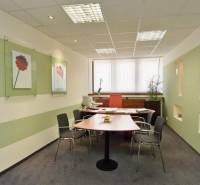Offices with a desk, chairs, decorations placed on the walls, and a window with vertical blinds.