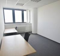 Offices with simple furniture, white walls and a large window, carpet.