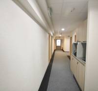 Offices with a narrow hallway and carpet, bright walls, and the bright Kutlíkova Street in Bratislava.