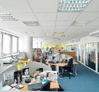 Offices with carpeted floors, large windows, and numerous desks.