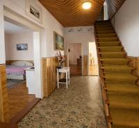 The hallway of a family house with a carpet, stairs, and a bed in another room.