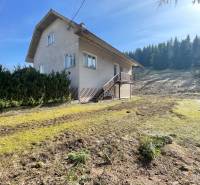A family house in Terchová with a large grassy plot, surrounded by trees.