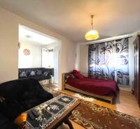 Cozy 1-room apartment with a wooden-patterned floor, a bed, and a sofa with a floral pattern.