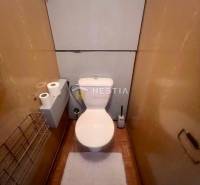 A toilet in a 3-room apartment with wooden decor and storage solutions.