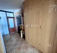 A hallway in a 3-room apartment with a wardrobe and a floor with a wood decor.