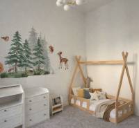 Children's room with a wooden bed, forest motifs, and white furniture in a 3-room apartment.