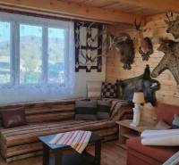 Interior of a cabin with trophies, wooden paneling, and a floor with wood decor.