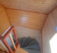 Stairs in a cabin with wood decor cladding, interior with a warm touch.