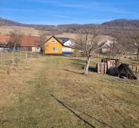 The yard of the cottage in Kráľovce Krnišov with fruit trees and mountains in the background.