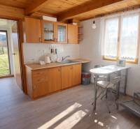 Kitchen in a cabin with wooden decor and furniture, sunny environment.