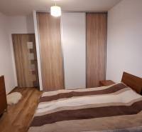 Bedroom in a 4-room apartment with wood-patterned flooring and a large wardrobe.