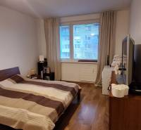 A bedroom in a 4-room apartment with a wooden decor floor and a large bed.