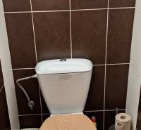 A toilet with a wooden decor floor in a 4-room apartment.