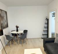Living room in a two-room apartment with a wooden decor floor, gray sofa, and dining table.