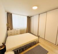 Bedroom in a 2-room apartment with wood-patterned flooring, a large wardrobe, and a drawer chest.