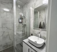 A modern bathroom in a 2-room apartment with a spacious shower and a sink.