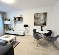 Interior of a 2-room apartment with a table, chairs, and decorations, floor with wooden decor.