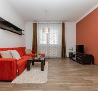 A living room with an orange sofa, shelves, and a wooden decor floor in a two-room apartment.