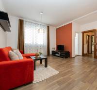 Living room in a 2-room apartment with a sofa, TV, wooden decor flooring, and decorative curtains.