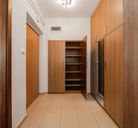 A hallway in a 2-room apartment with built-in cabinets and a floor with a wood decor.