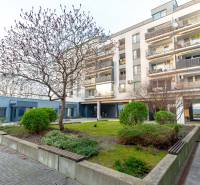 An apartment building on Hrachova Street in Bratislava - Ružinov surrounded by greenery with a tree and shrubs.