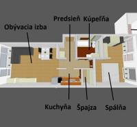 Floor plan of a 2-room apartment with room labels: living room, kitchen, bedroom, bathroom.