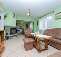 Living room of a family house with leather furniture, a fireplace, and a tea set on the table.