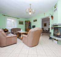Living room with a fireplace, leather sofas, and a central table in a family house.