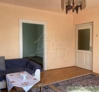 Living room in a family house with a wood-patterned floor, sofa, and carpet.